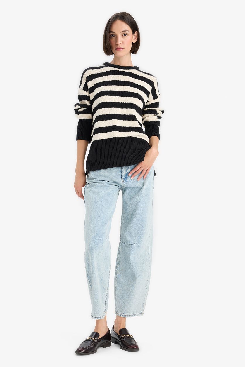 Kadın Siyah Oversize Geniş Kalıp Bisiklet Yaka Çizgili Triko Kazak