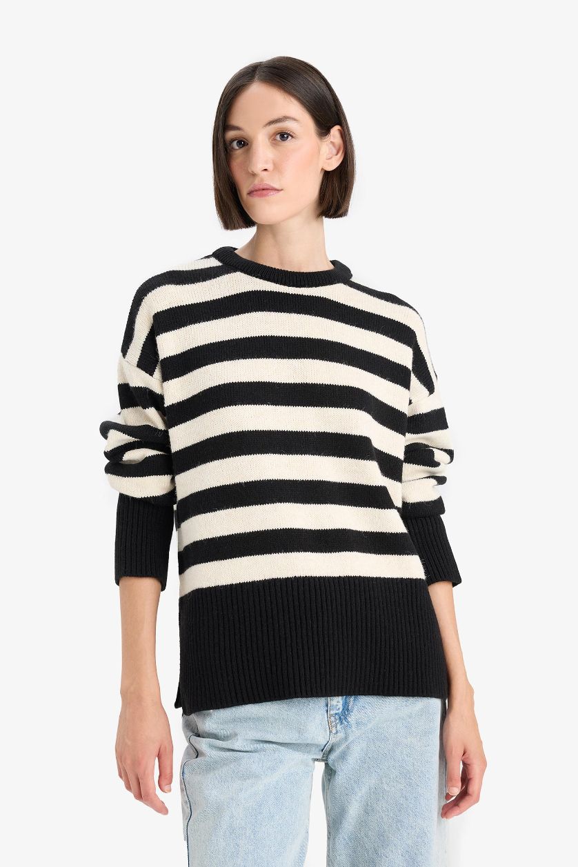 Kadın Siyah Oversize Geniş Kalıp Bisiklet Yaka Çizgili Triko Kazak