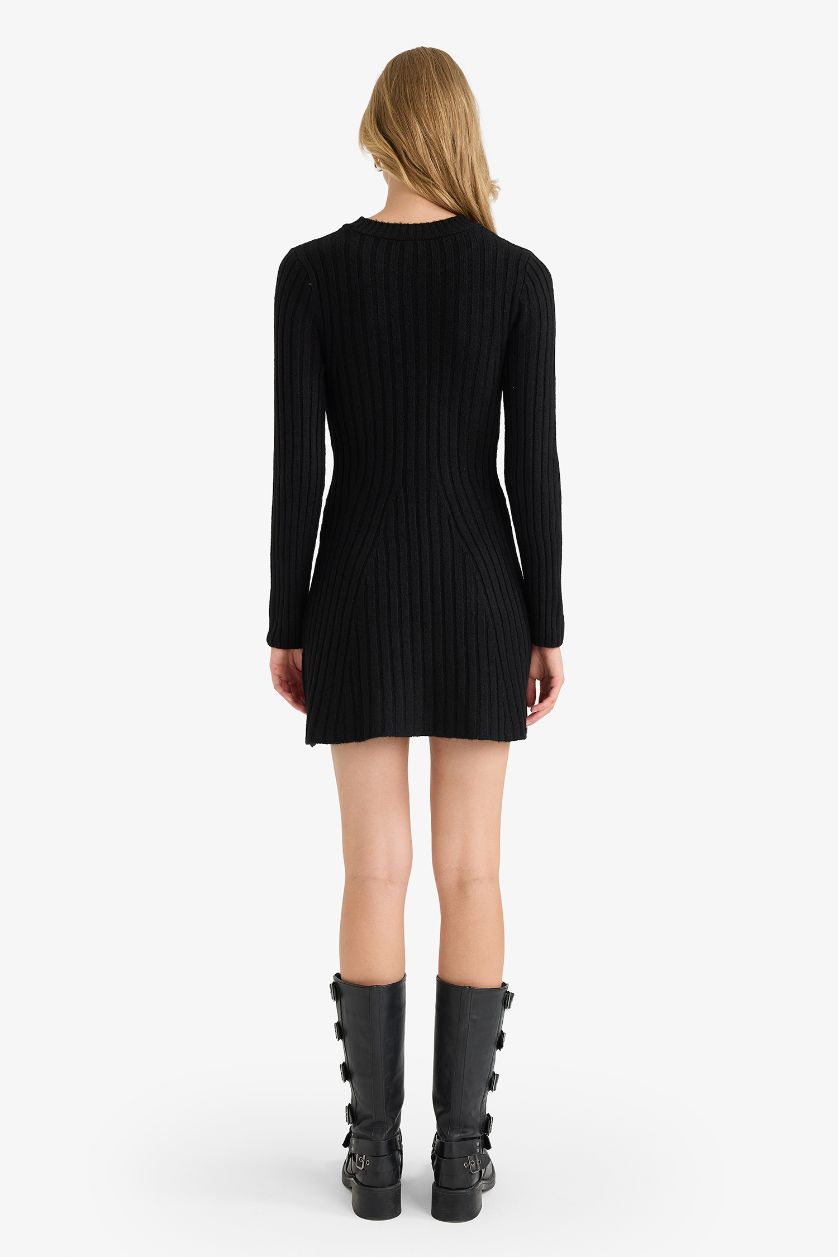 Kadın Siyah Bisiklet Yaka Ribana Uzun Kollu Mini Elbise 