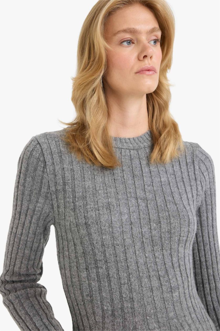 حريمي رمادي فستان قصير كم طويل برقبة مستديرة