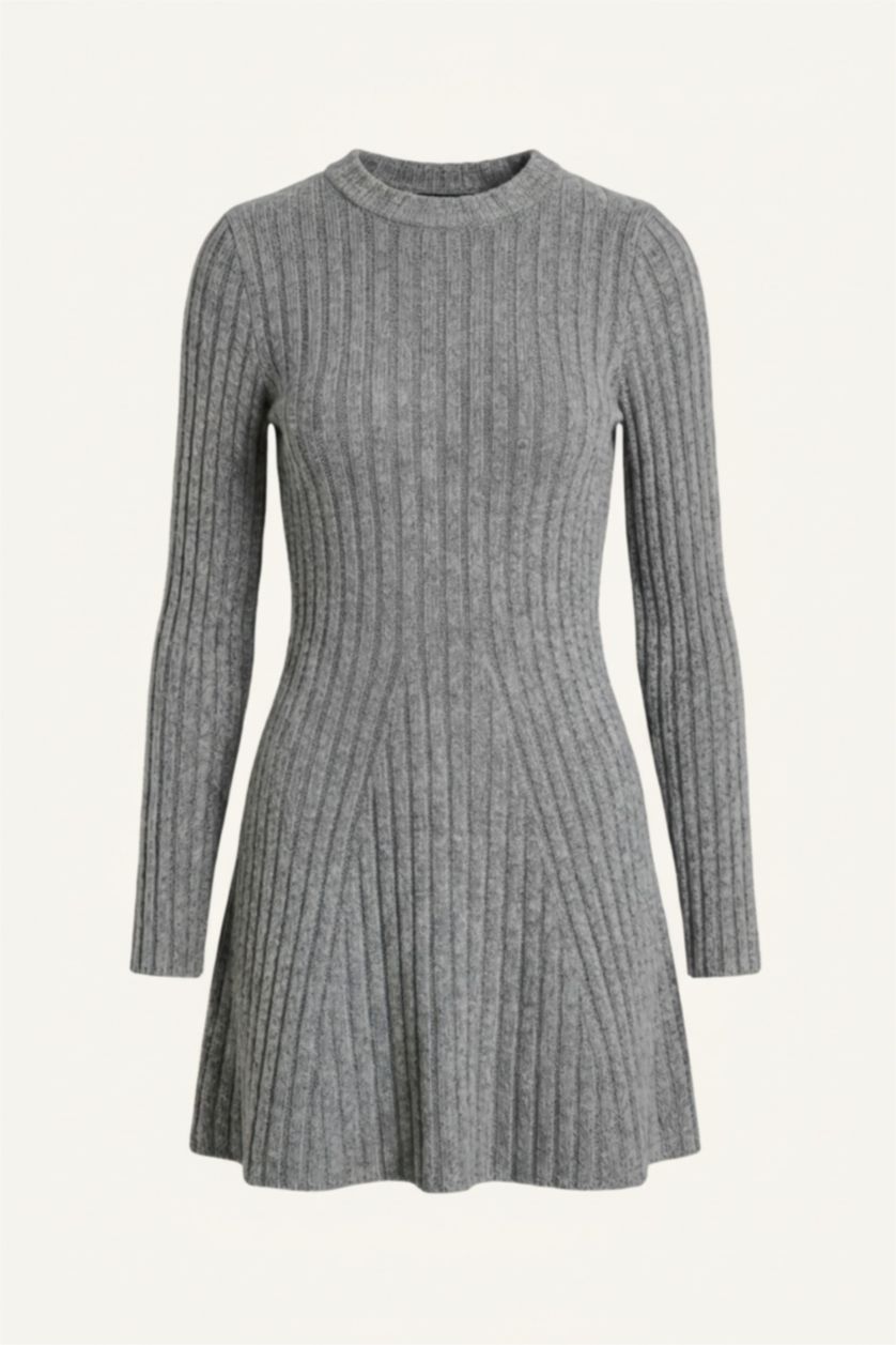 FEMME Gris Mini Robe en tricot côtelé à col rond et manches longues