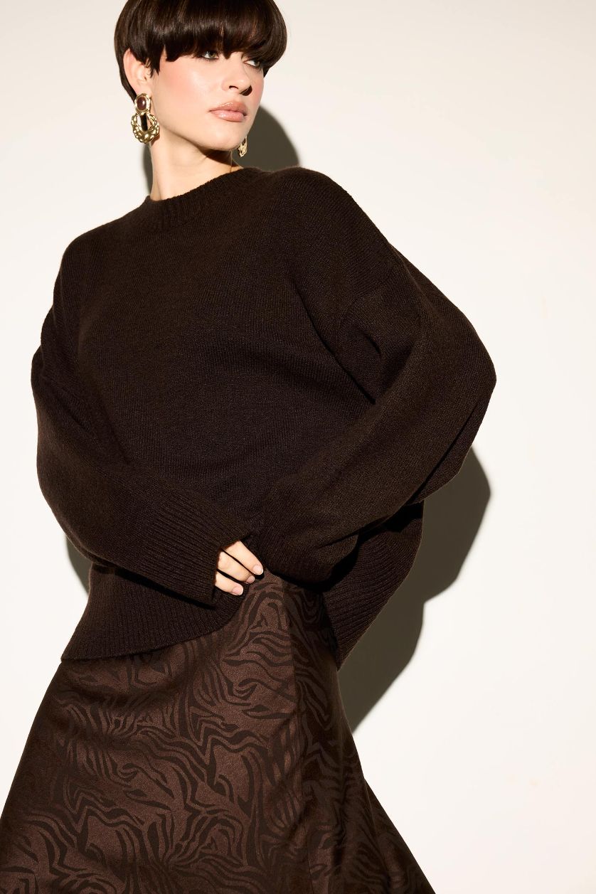 Kadın Kahve Oversize Geniş Kalıp Bisiklet Yaka Triko Kazak