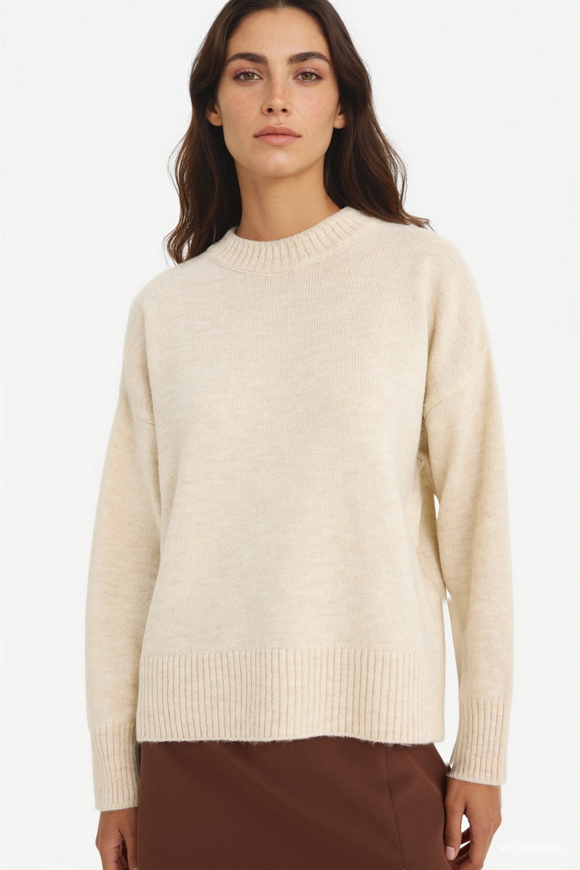Kadın Ekru Oversize Basic Triko Kazak