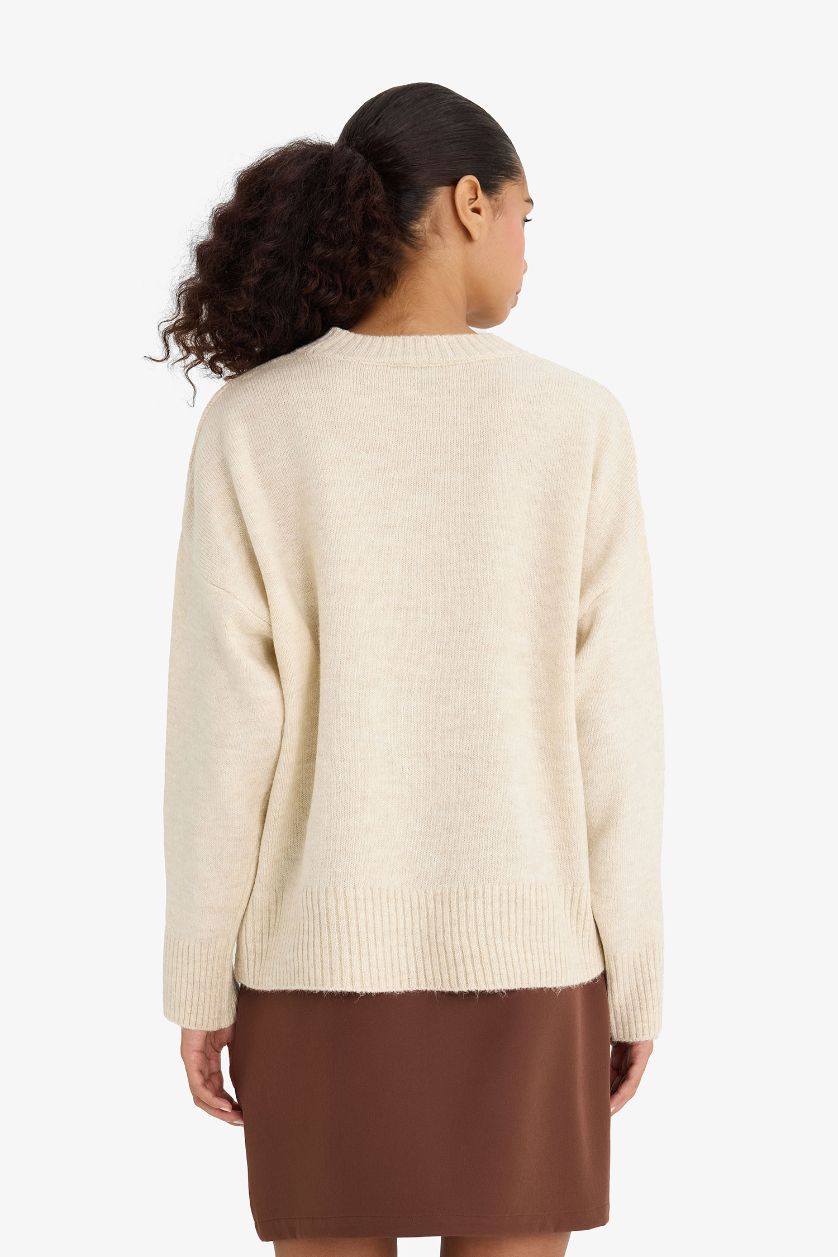 Kadın Ekru Oversize Geniş Kalıp Bisiklet Yaka Triko Kazak