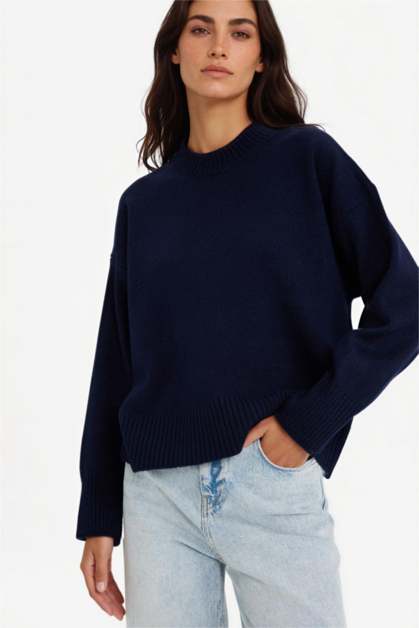 Kadın Lacivert Oversize Geniş Kalıp Bisiklet Yaka Triko Kazak