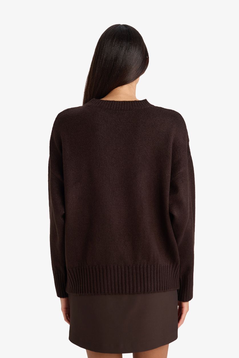 Kadın Kahve Oversıze Bisiklet Yaka Triko Kazak