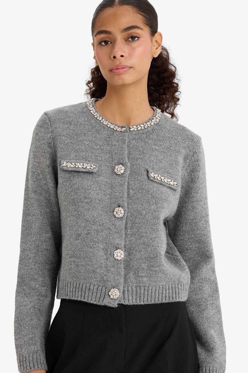 Kadın Gri Regular Fit Bisiklet Yaka İşlemeli Triko Hırka