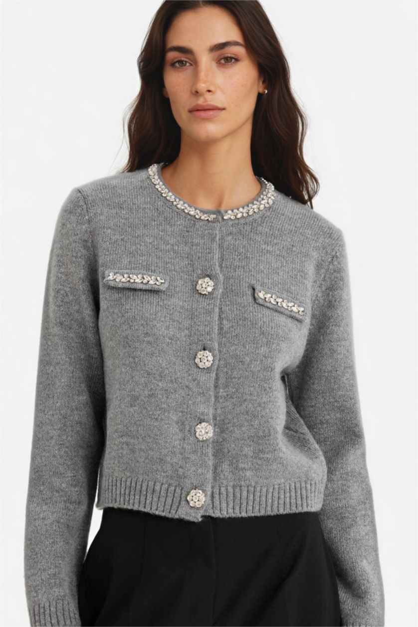 Woman Grey Regular Fit Crew Neck Embroidered Knitwear Cardigan
