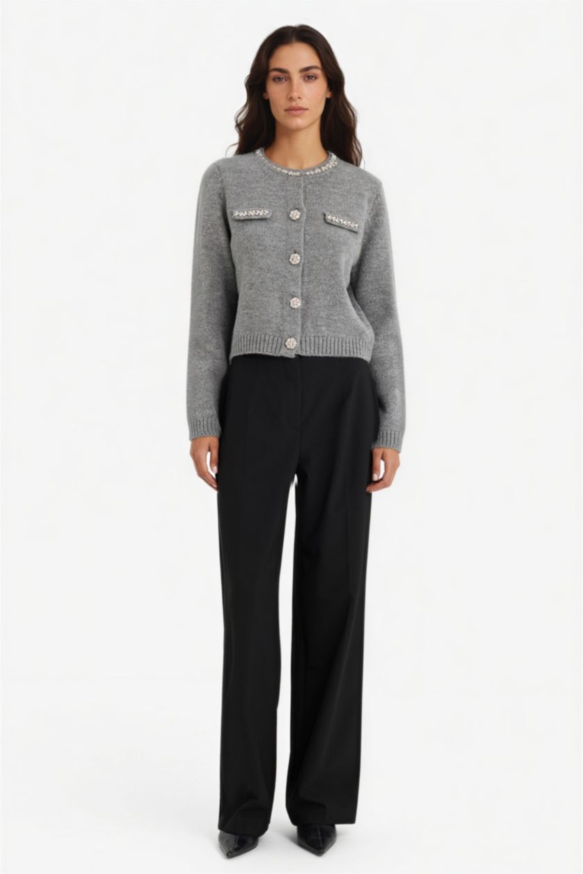 Woman Grey Regular Fit Crew Neck Embroidered Knitwear Cardigan