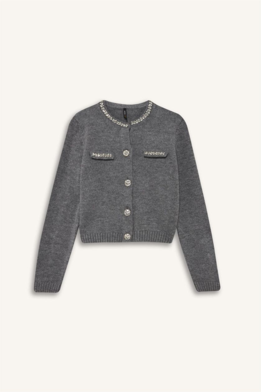 Woman Grey Regular Fit Crew Neck Embroidered Knitwear Cardigan