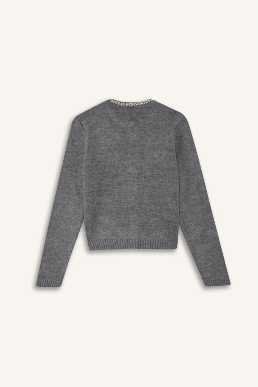 Woman Grey Regular Fit Crew Neck Embroidered Knitwear Cardigan