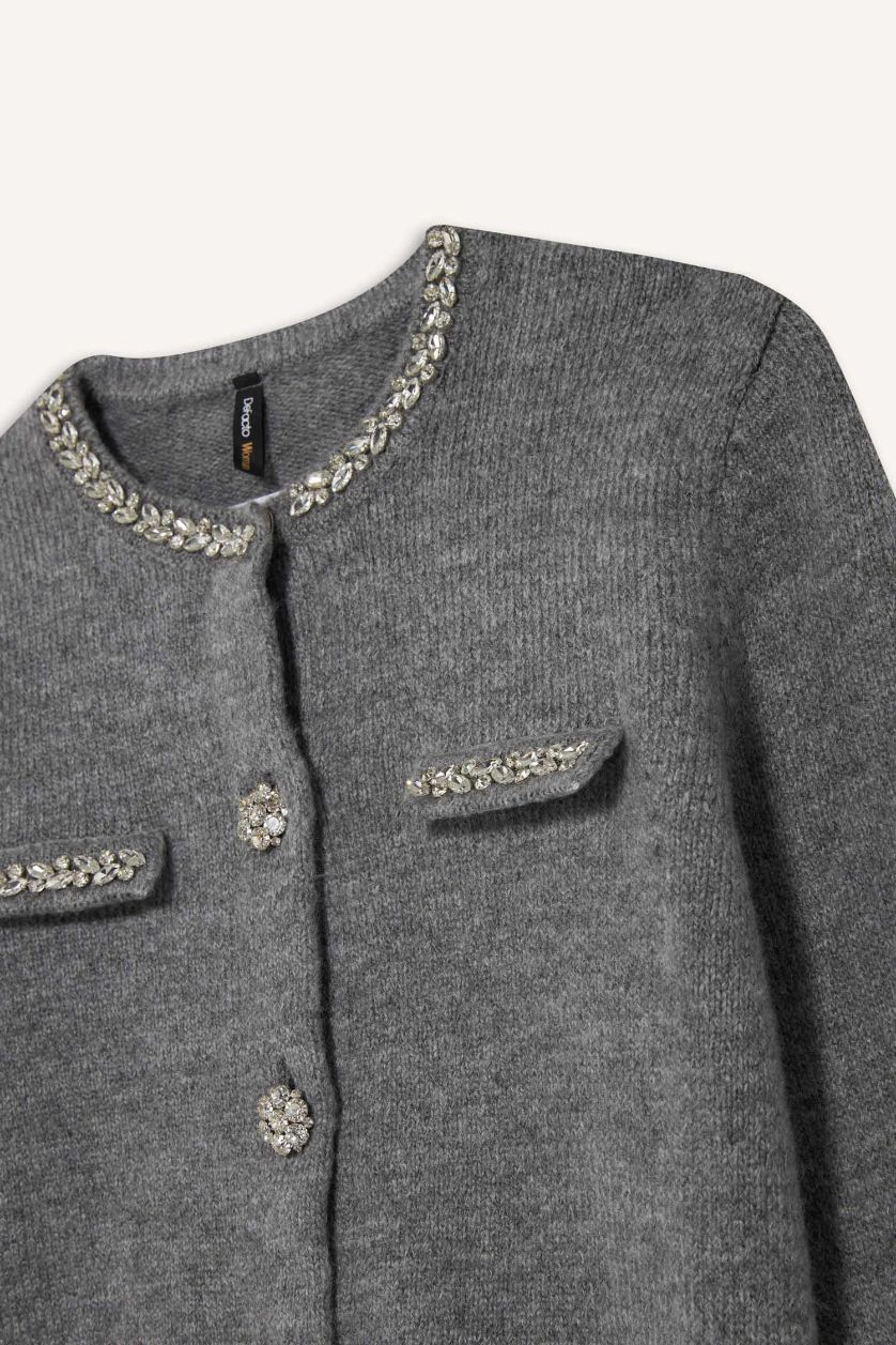 Kadın Gri Regular Fit Bisiklet Yaka İşlemeli Triko Hırka