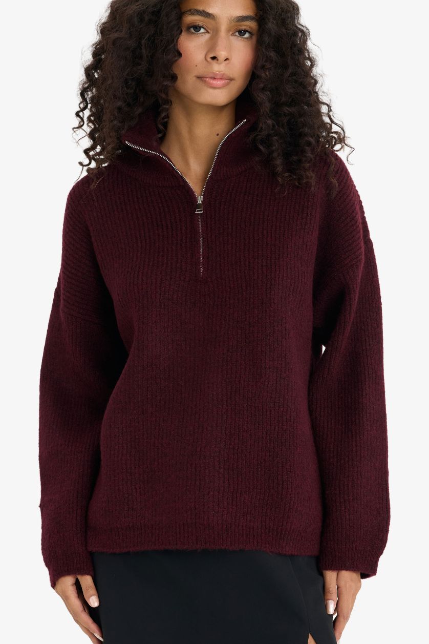 نساء خمري بلوز تريكو قصة مريحة وياخة عالية بسحاب