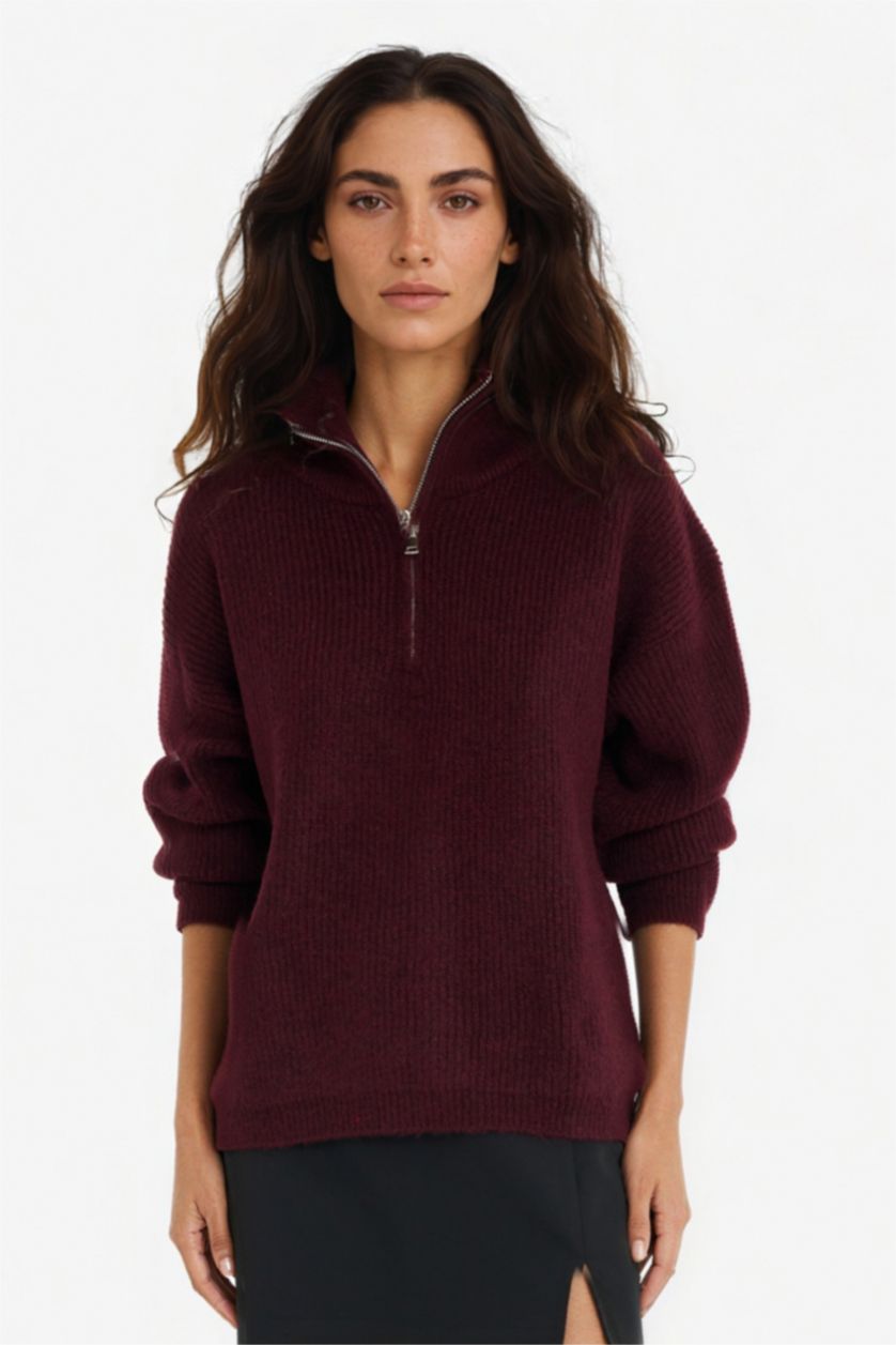 Kadın Bordo Relax Fıt Triko Kazak