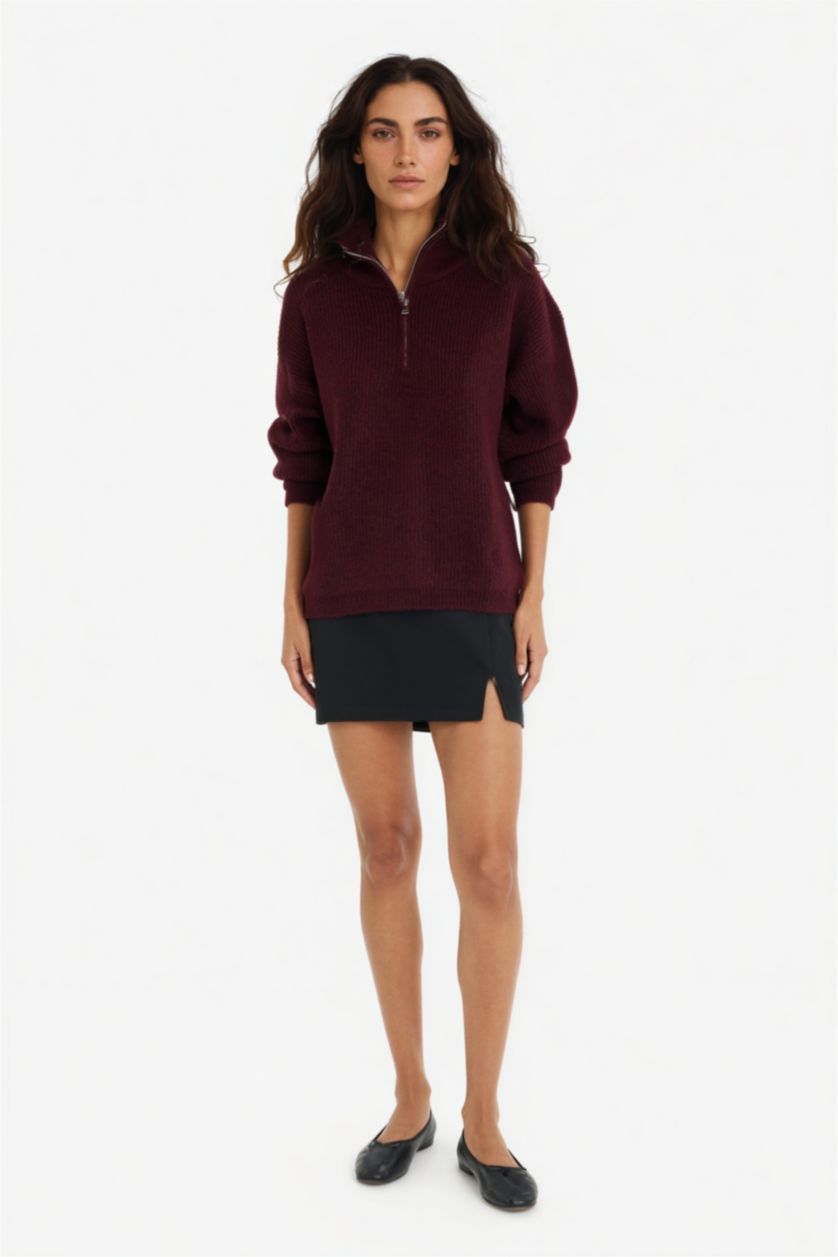 Kadın Bordo Relax Fıt Triko Kazak