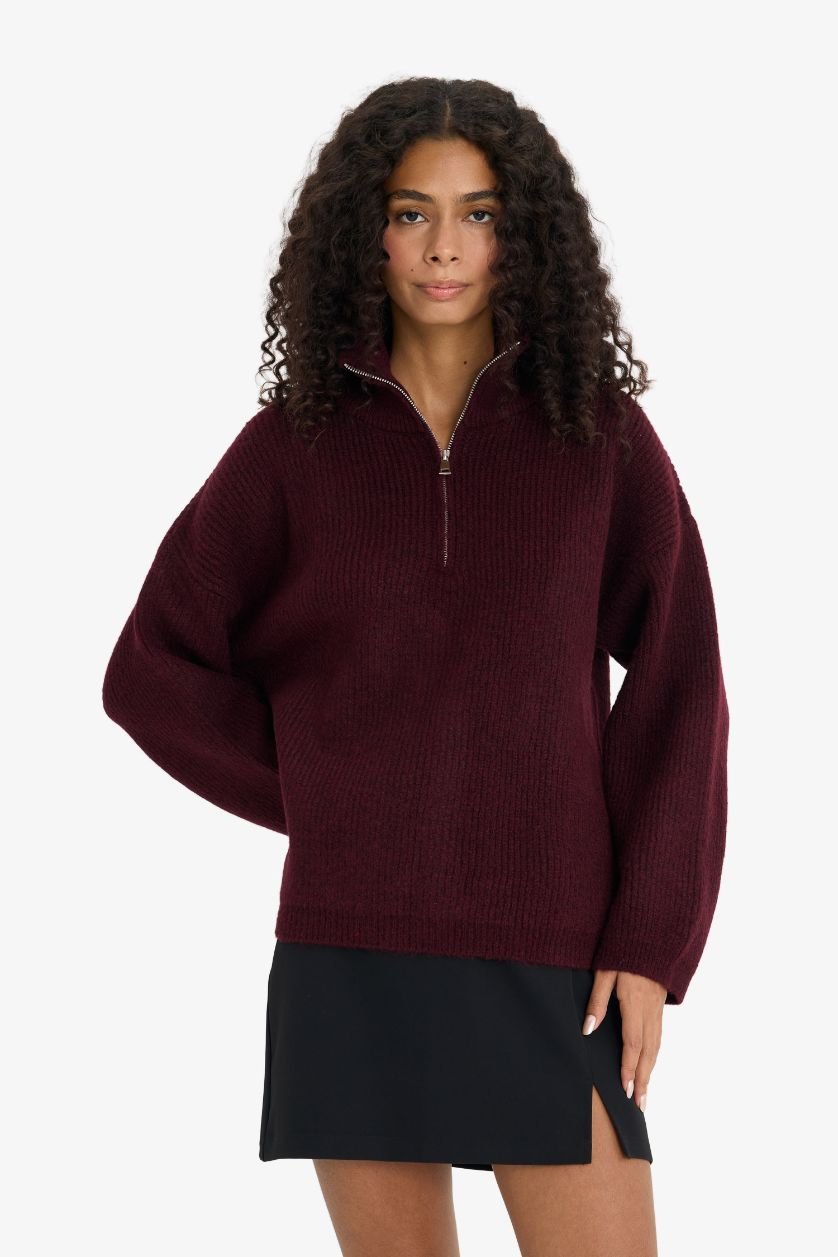 نساء خمري بلوز تريكو قصة مريحة وياخة عالية بسحاب