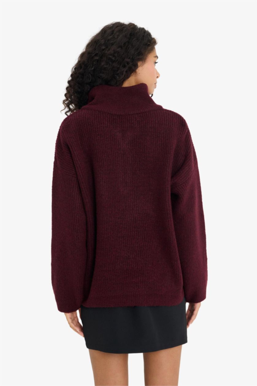 Kadın Bordo Relax Fıt Triko Kazak