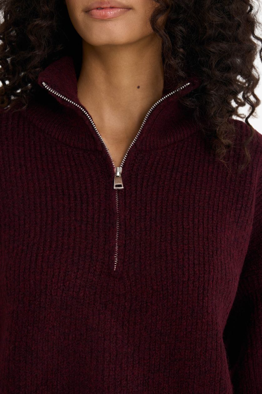 نساء خمري بلوز تريكو قصة مريحة وياخة عالية بسحاب