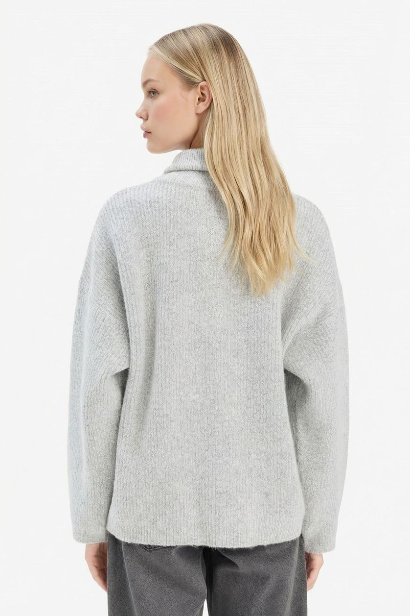 Kadın Gri Relax Fıt Yarım Fermuarlı Triko Kazak