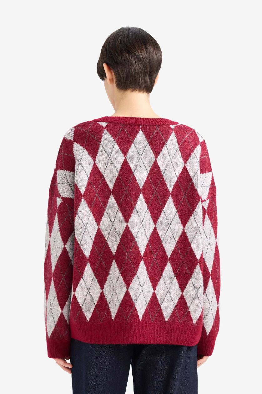 حريمي خمري بلوفر تريكو قصة مريحة برقبة مستديرة