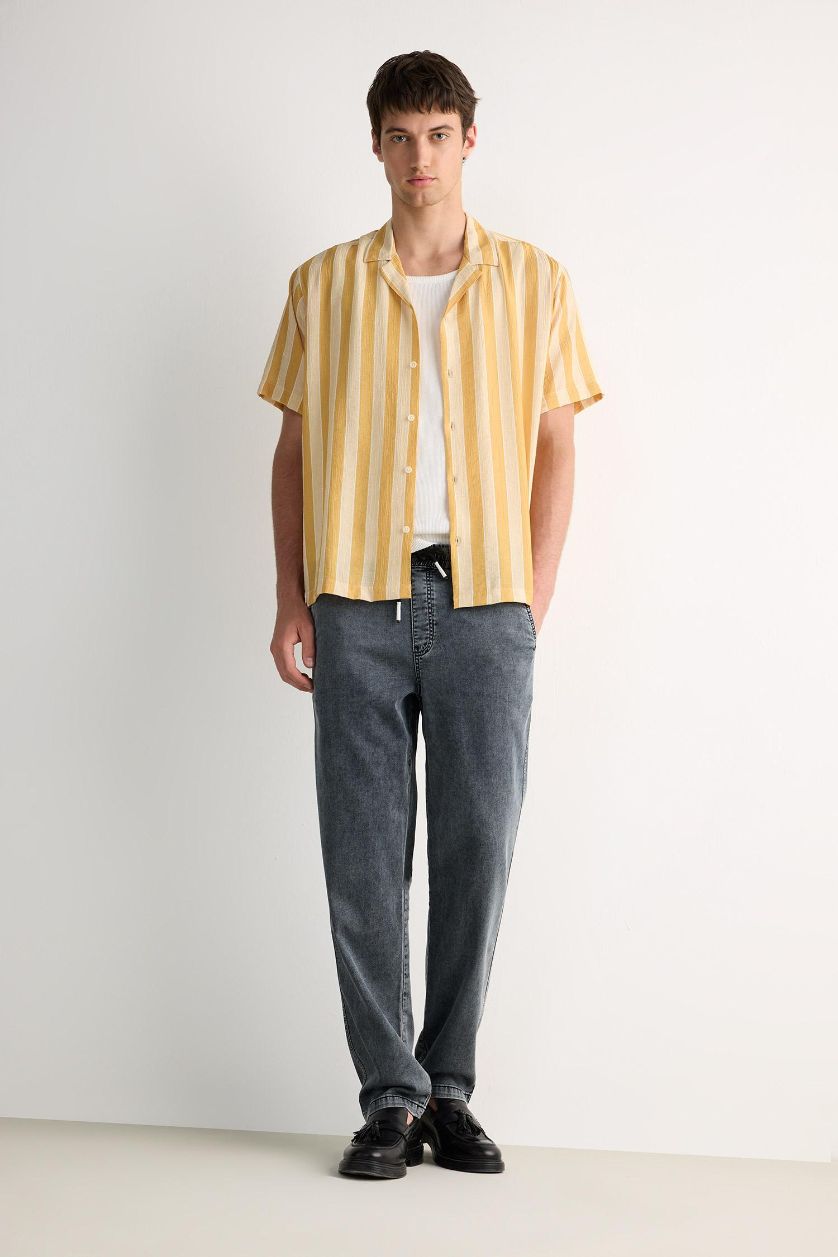 Erkek Mavi Siyah Yazlık Wide Leg Geniş Kalıp Beli Lastikli Geniş Paça Jean Kar Yıkamalı Pantolon