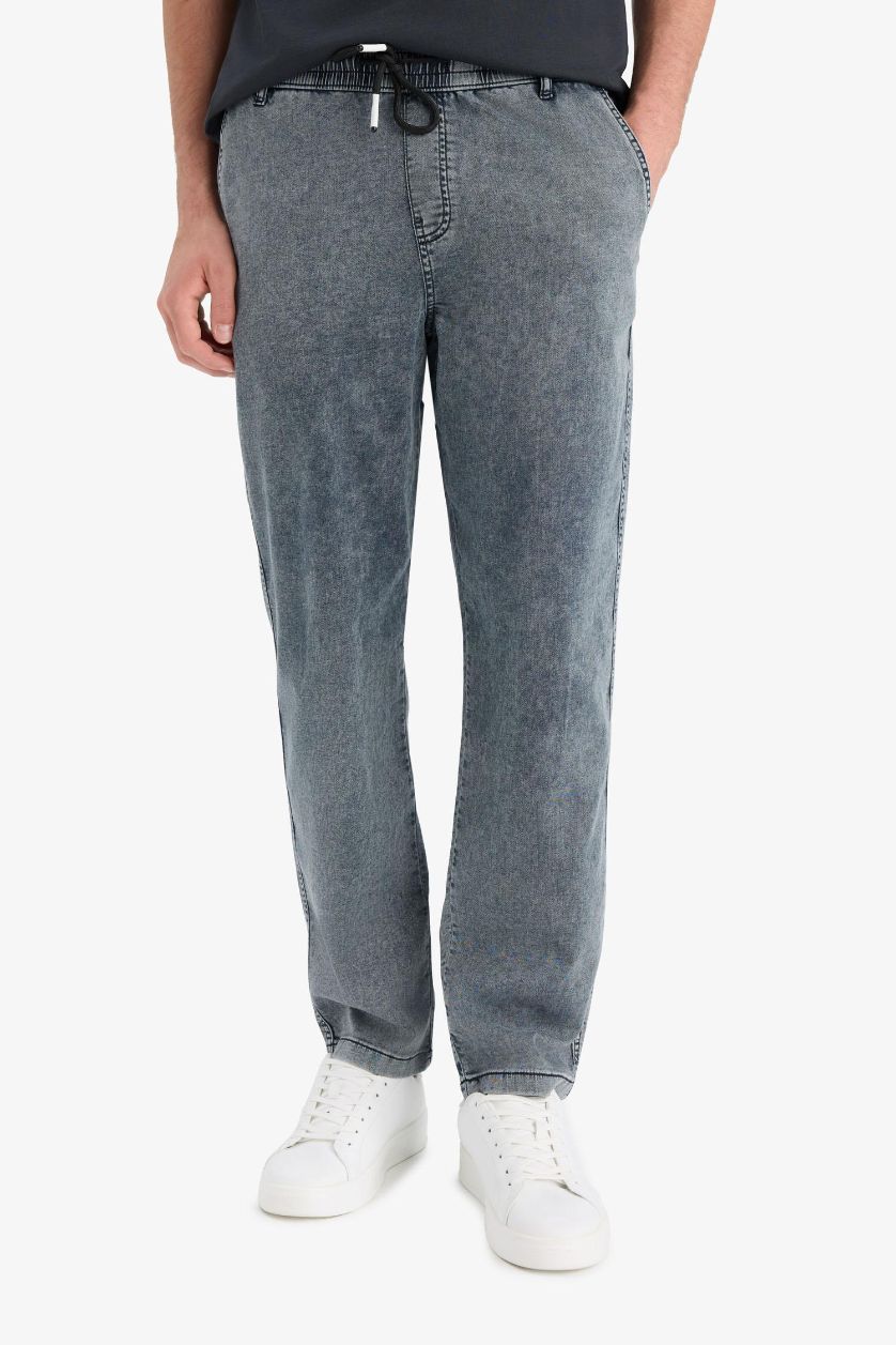 Erkek Mavi Siyah Yazlık Wide Leg Geniş Kalıp Beli Lastikli Geniş Paça Jean Kar Yıkamalı Pantolon