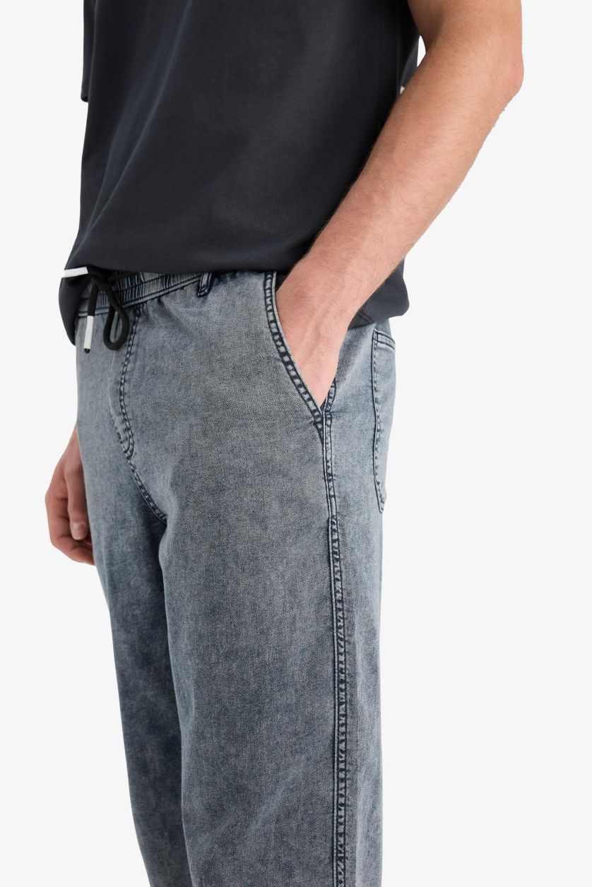 Erkek Mavi Siyah Yazlık Wide Leg Geniş Kalıp Beli Lastikli Geniş Paça Jean Kar Yıkamalı Pantolon