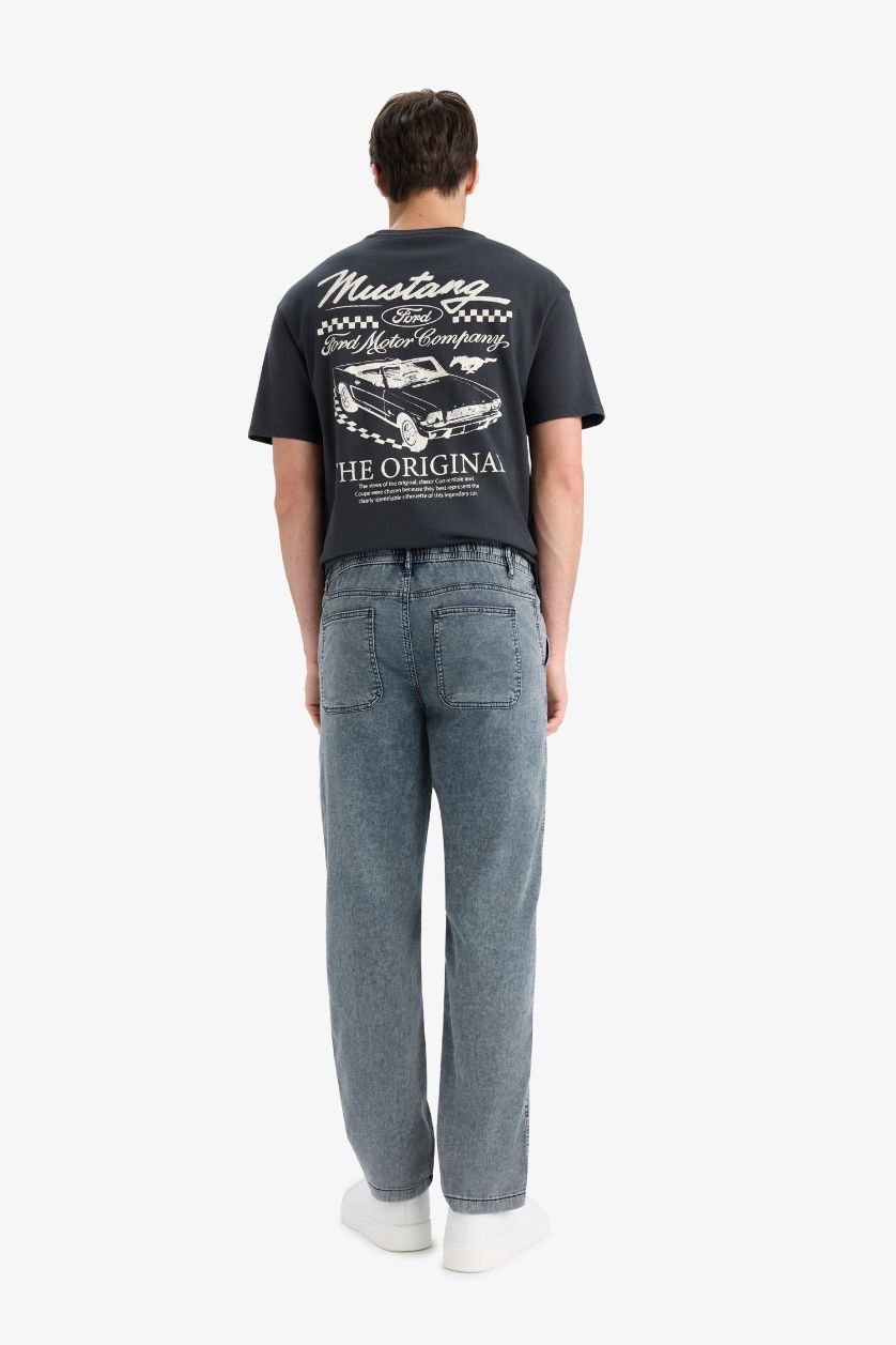 Erkek Mavi Siyah Yazlık Wide Leg Geniş Kalıp Beli Lastikli Geniş Paça Jean Kar Yıkamalı Pantolon