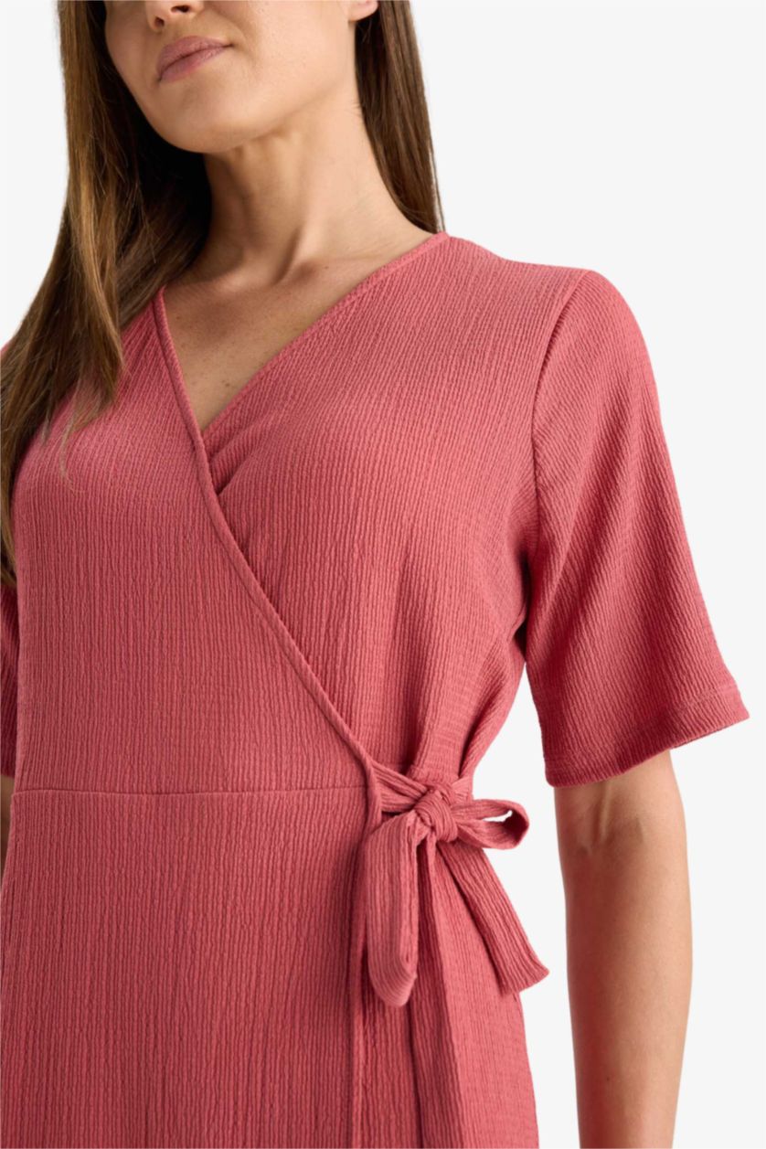 Kadın Mor Regular Fit V Yaka Kruvaze Kapama Kısa Kollu Midi Yazlık Elbise