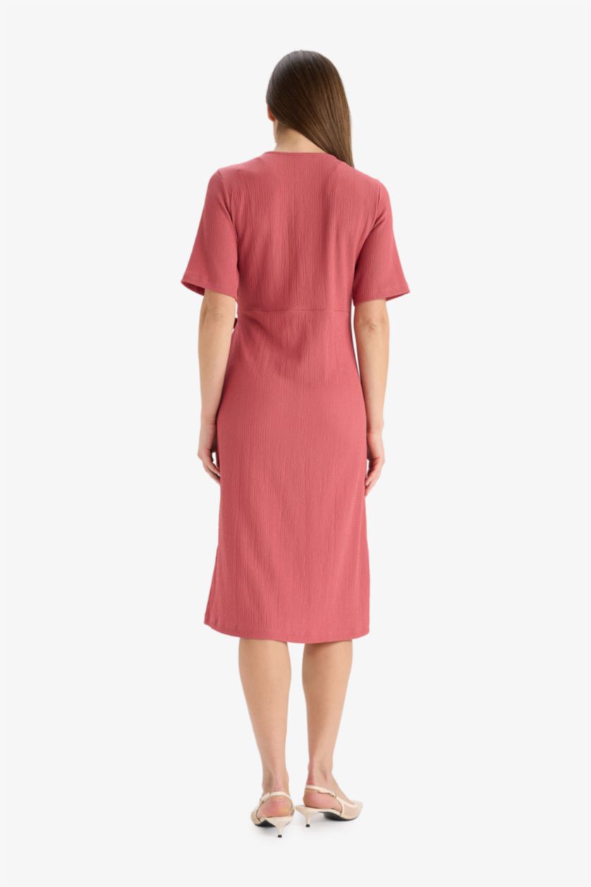 Kadın Mor Regular Fit V Yaka Kruvaze Kapama Kısa Kollu Midi Yazlık Elbise