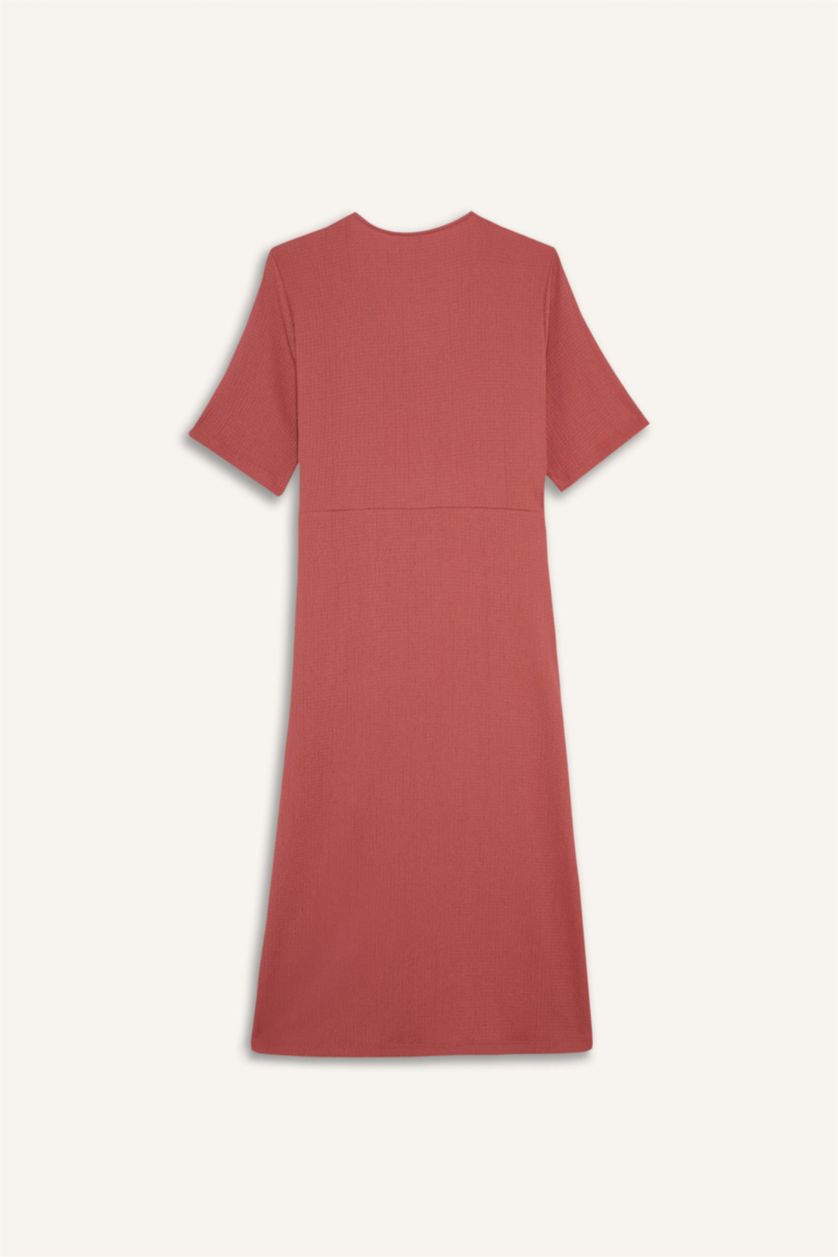 Kadın Mor Regular Fit V Yaka Kruvaze Kapama Kısa Kollu Midi Yazlık Elbise