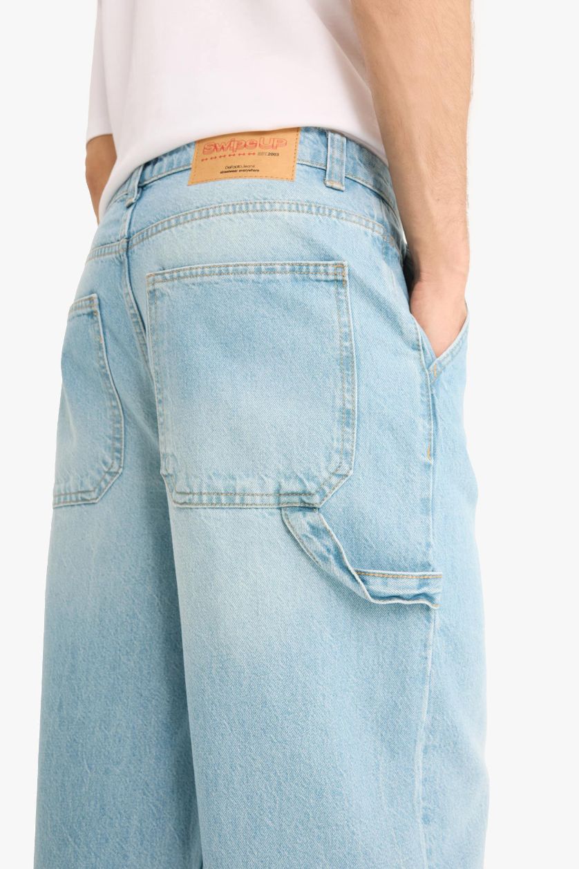 Erkek Açık Mavi %100 Pamuk Skater Fit Geniş Kalıp Yüksek Bel Geniş Paça Jean Pantolon