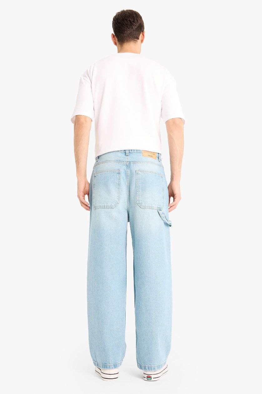 Erkek Açık Mavi %100 Pamuk Skater Fit Geniş Kalıp Yüksek Bel Geniş Paça Jean Pantolon