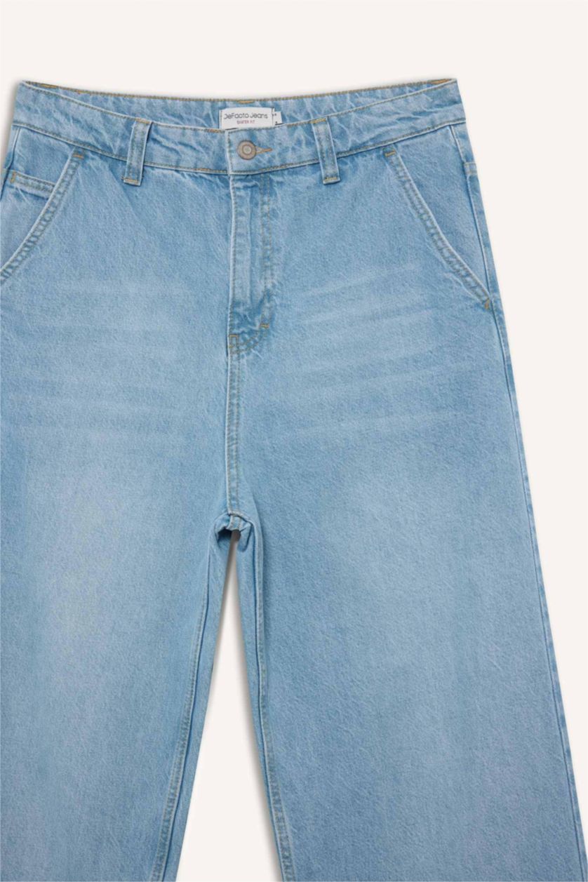 Erkek Açık Mavi %100 Pamuk Skater Fit Geniş Kalıp Yüksek Bel Geniş Paça Jean Pantolon