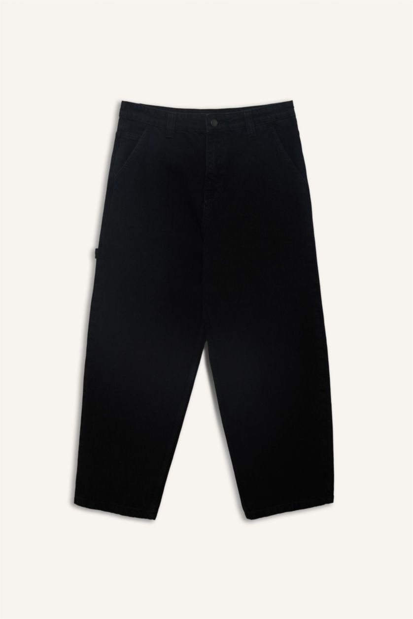 Erkek Siyah %100 Pamuk Skater Fit Geniş Kalıp Yüksek Bel Geniş Paça Siyah Jean Pantolon