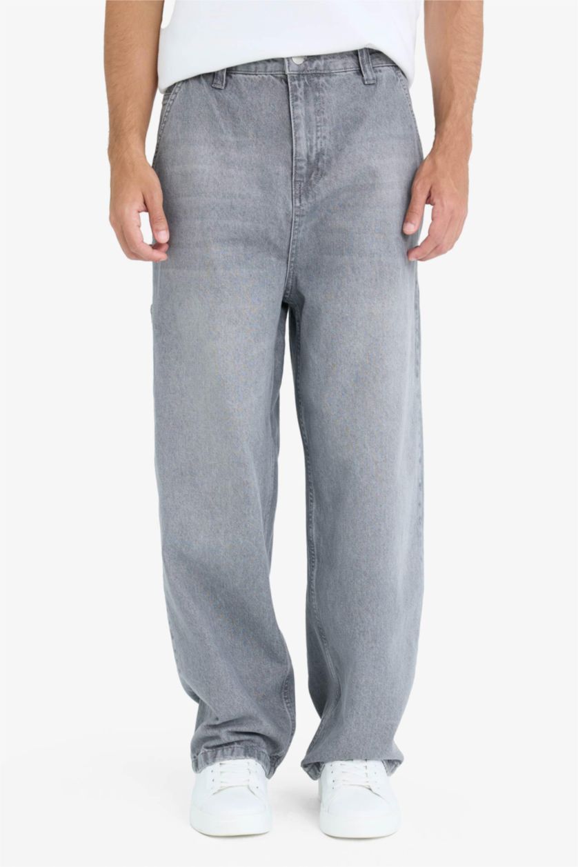 Erkek Gri %100 Pamuk Skater Fit Geniş Kalıp Yüksek Bel Geniş Paça Jean Pantolon