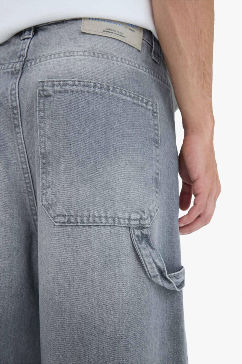 Erkek Gri %100 Pamuk Skater Fit Geniş Kalıp Yüksek Bel Geniş Paça Jean Pantolon