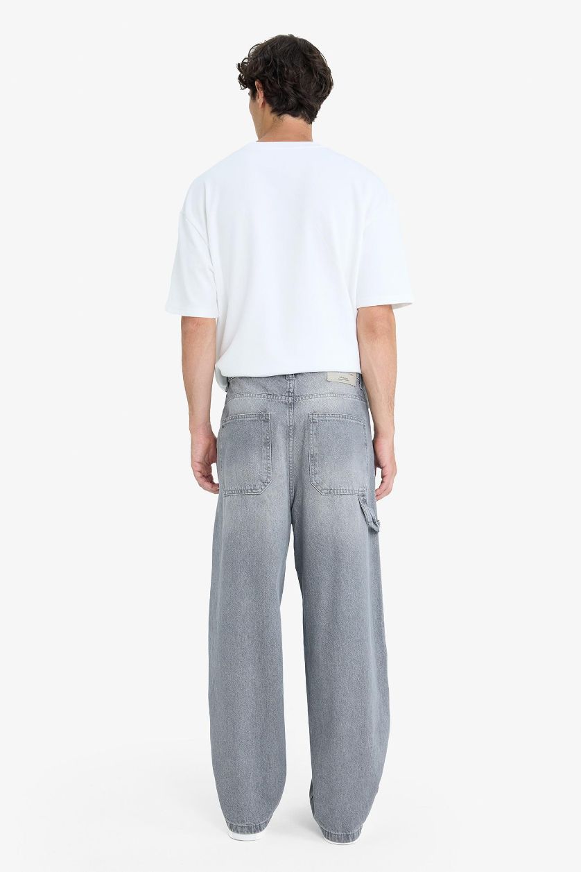 Erkek Gri %100 Pamuk Skater Fit Geniş Kalıp Yüksek Bel Geniş Paça Jean Pantolon