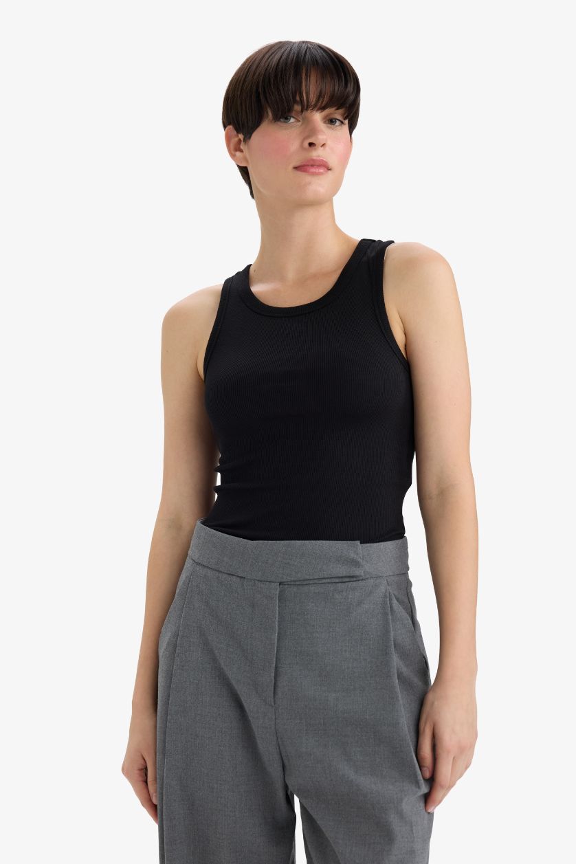 Kadın Siyah Slım Fıt Halter Yaka Fitilli Kaşkorse Atlet