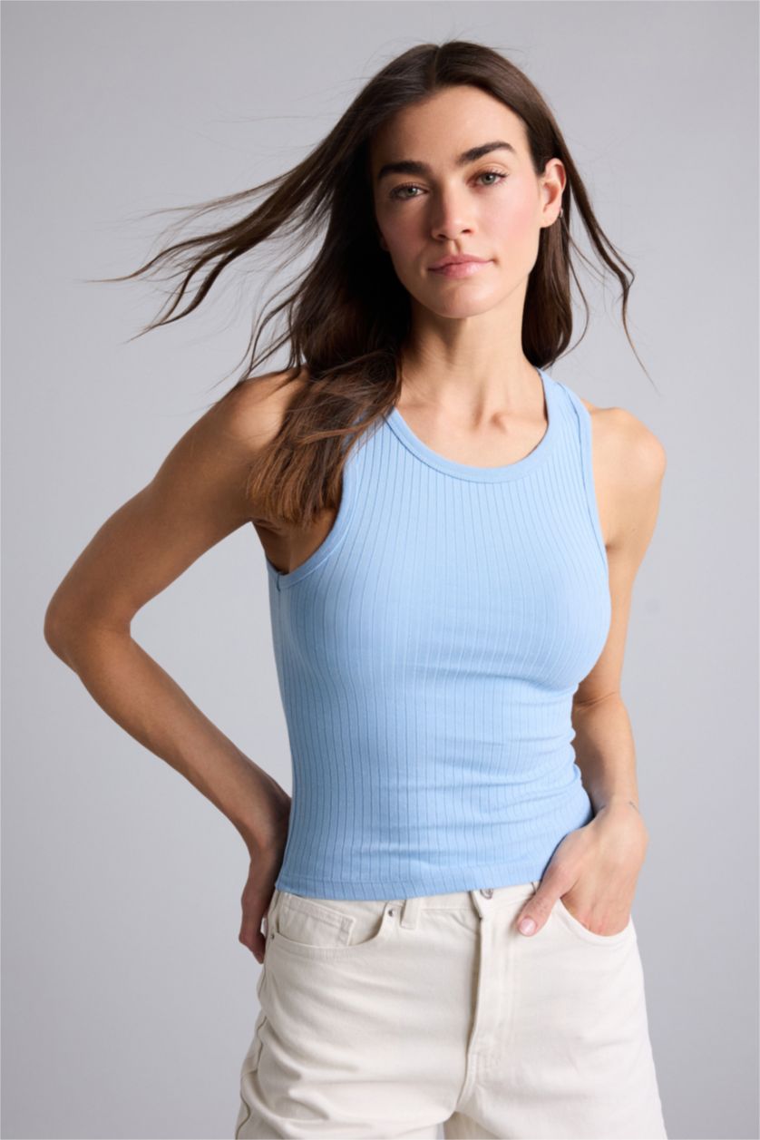 WOMAN Blue Slim Fit Camisole Halter Collar Tank Top