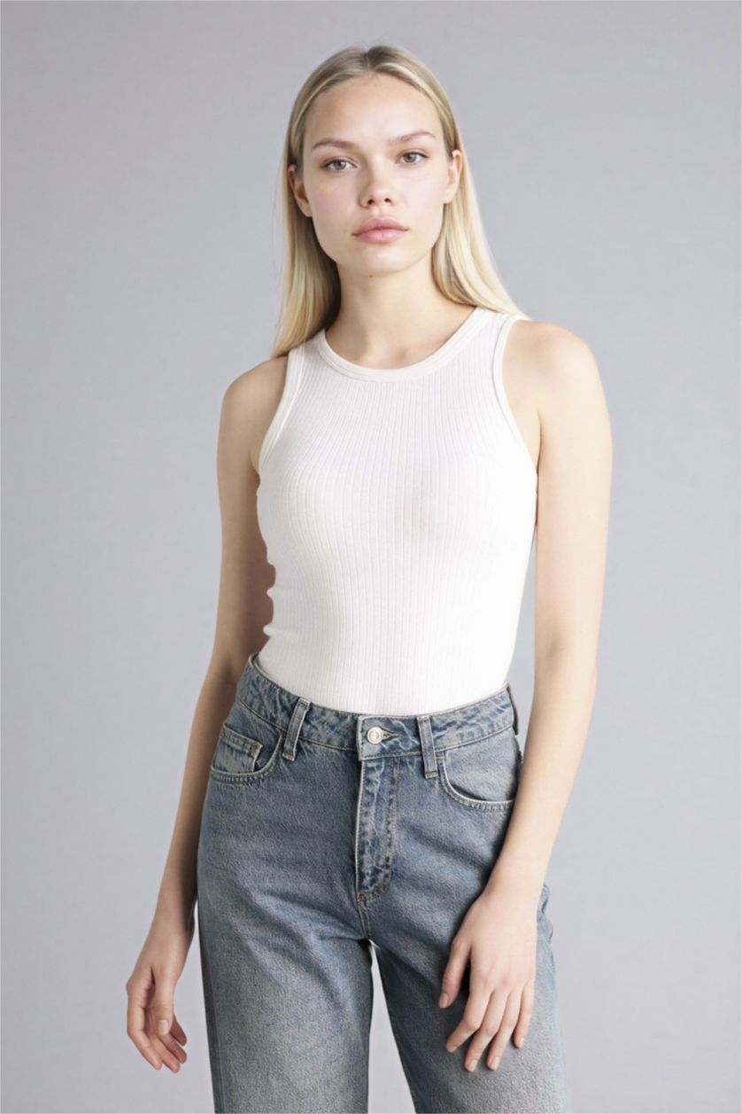 WOMAN Ecru Slim Fit Camisole Halter Collar Tank Top