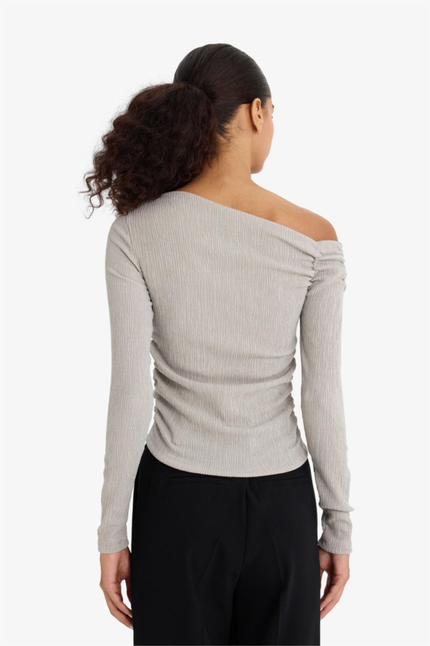 Woman Light Grey Slim Fit One Shoulder Crepe T-Shirt