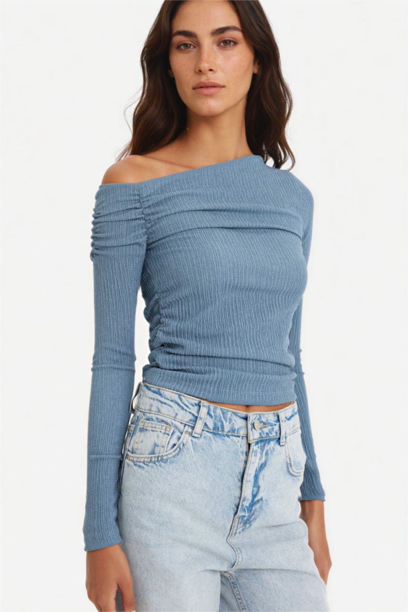 Kadın İndigo Slim Fit Dar Kesim Tek Omuzlu Bürümcük Uzun Kollu Bluz