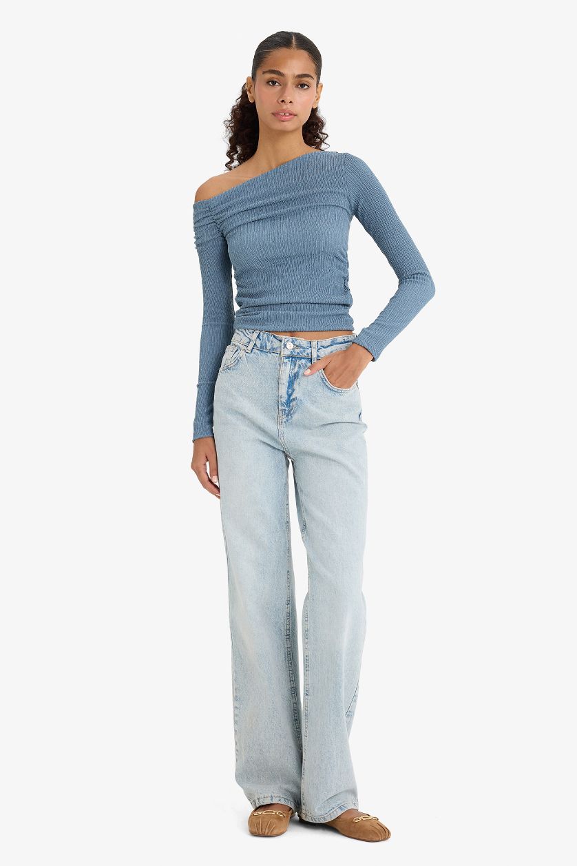 Kadın İndigo Slim Fit Dar Kesim Tek Omuzlu Bürümcük Uzun Kollu Bluz