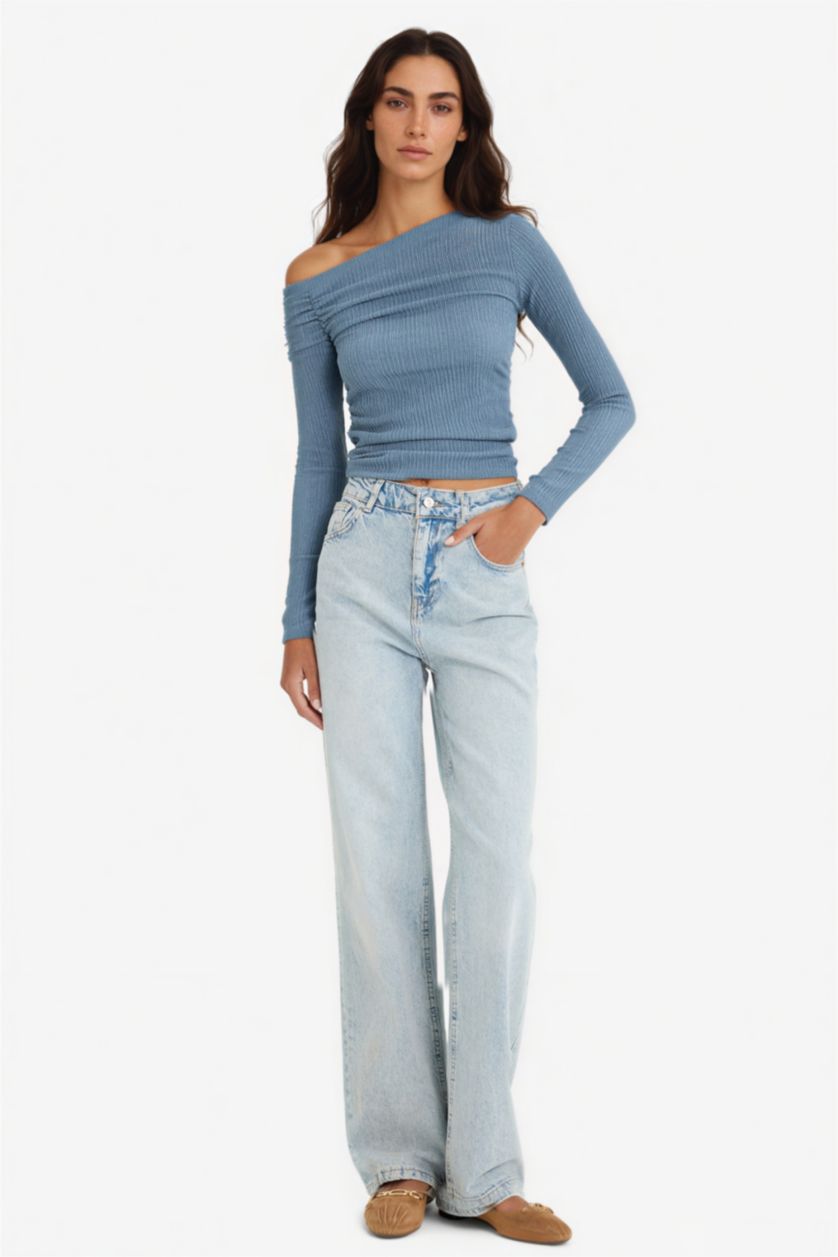 Kadın İndigo Slim Fit Dar Kesim Tek Omuzlu Bürümcük Uzun Kollu Bluz