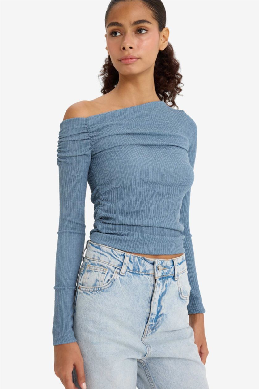 Kadın İndigo Slim Fit Dar Kesim Tek Omuzlu Bürümcük Uzun Kollu Bluz