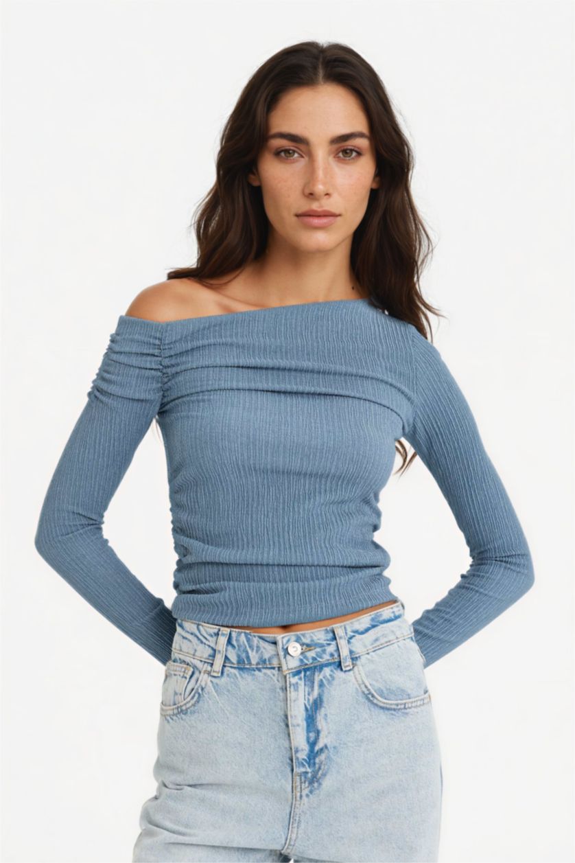 Kadın İndigo Slim Fit Dar Kesim Tek Omuzlu Bürümcük Uzun Kollu Bluz