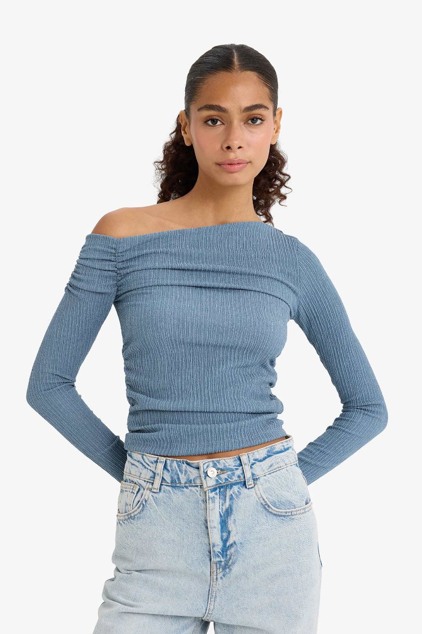 Kadın İndigo Slim Fit Dar Kesim Tek Omuzlu Bürümcük Uzun Kollu Bluz