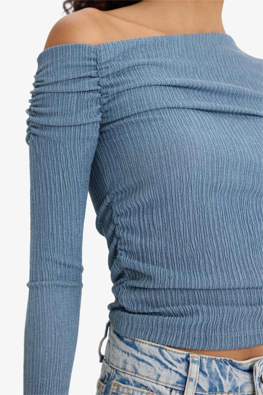 Kadın İndigo Slim Fit Dar Kesim Tek Omuzlu Bürümcük Uzun Kollu Bluz