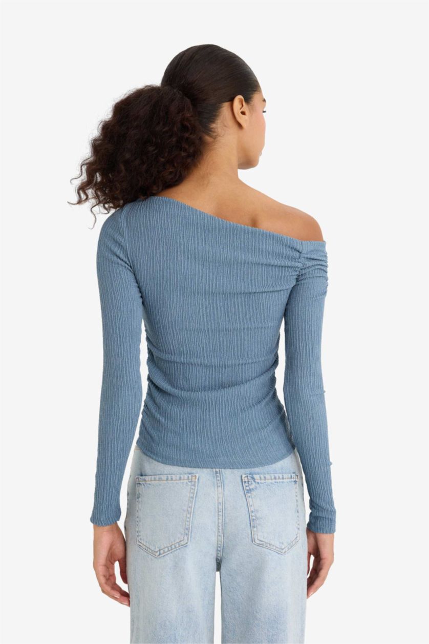 Kadın İndigo Slim Fit Dar Kesim Tek Omuzlu Bürümcük Uzun Kollu Bluz